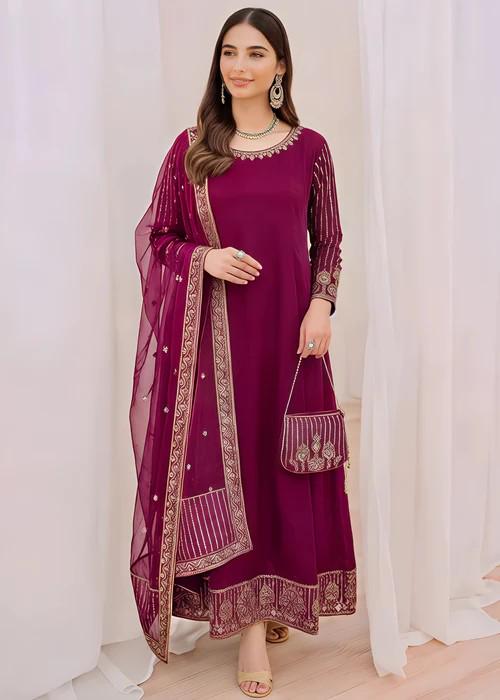 Embroidered Chiffon Dress with Potli Bag - Magenta - 4 Piece