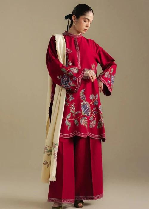 3 Piece Embroidered Linen Palazzo Suit - Crimson red