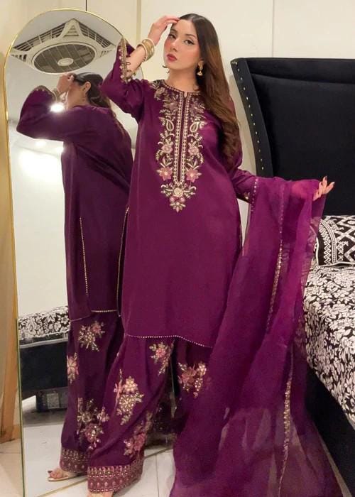Embroidered Silk Farshi Shalwar Suit with Organza Dupatta - 3 Piece - Plum Purple