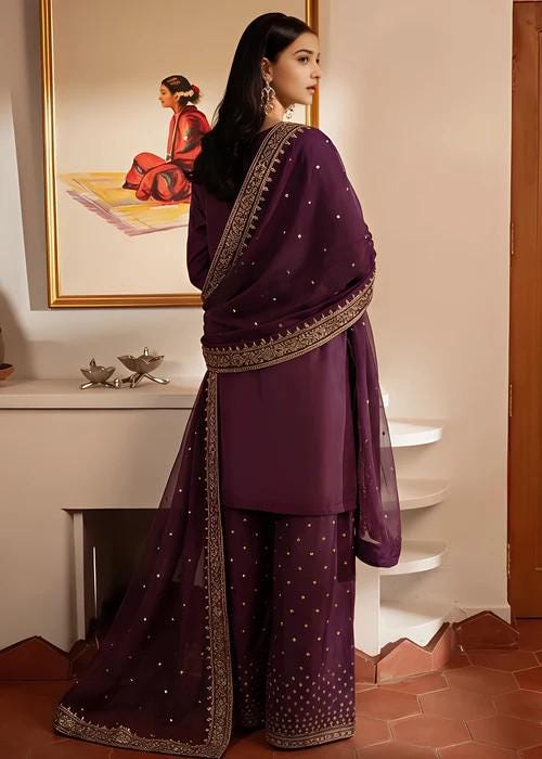 Embroidered Silk Farshi Shalwar with Chiffon Dupatta - Plum Purple