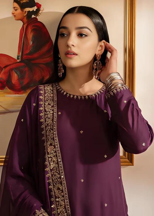 Embroidered Silk Farshi Shalwar with Chiffon Dupatta - Plum Purple
