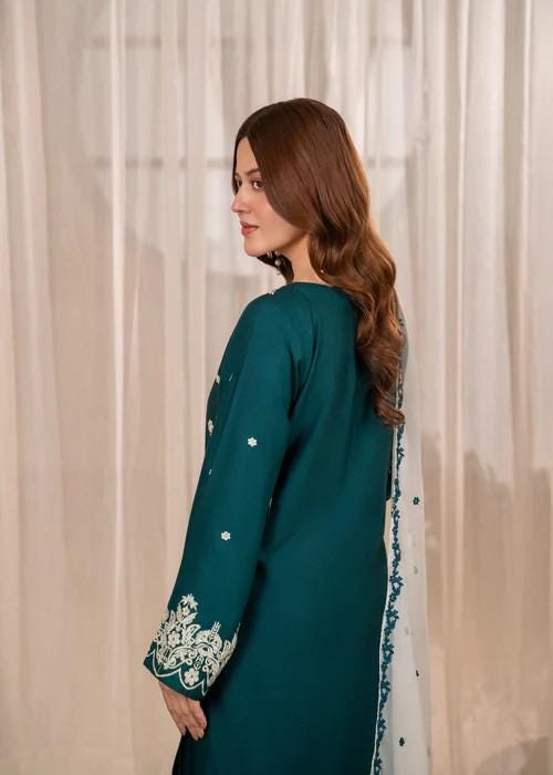 Embroidered Linen Culotte Suit - Chiffon Dupatta - Pine Green