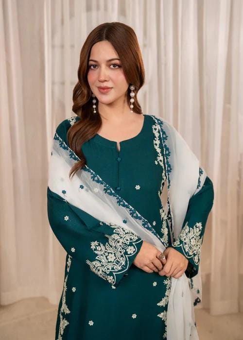 Embroidered Linen Culotte Suit - Chiffon Dupatta - Pine Green