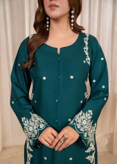 Embroidered Linen Culotte Suit - Chiffon Dupatta - Pine Green