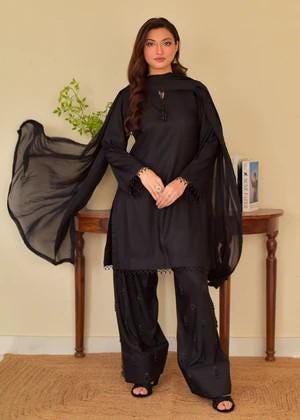Embroidered Raw Silk Farshi Shalwar with Chiffon Dupatta - Black