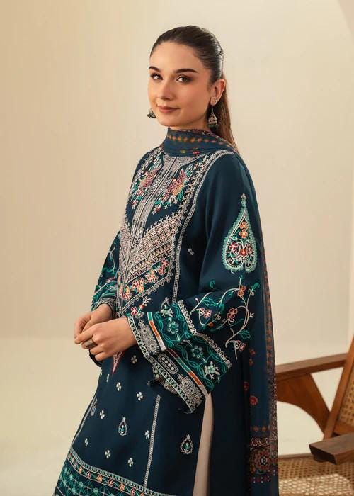 3 Piece Embroidered Linen Farshi Shalwar Suit - Teal Blue
