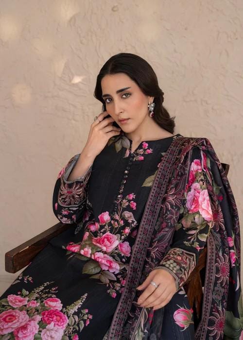 3 piece - Embroidered Cotton Palazzo Suit -  With Herringbone Shawl