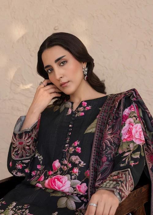 3 piece - Embroidered Cotton Palazzo Suit -  With Herringbone Shawl