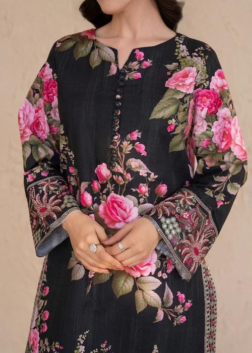 3 piece - Embroidered Cotton Palazzo Suit -  With Herringbone Shawl