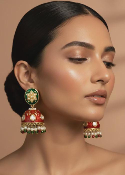 Red and Green Hand Painted Enamel Jhumkas - Meenakari Earrings -