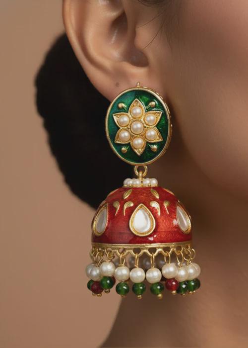 Red and Green Hand Painted Enamel Jhumkas - Meenakari Earrings -