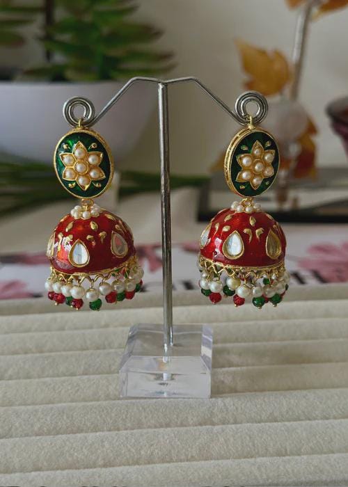 Red and Green Hand Painted Enamel Jhumkas - Meenakari Earrings -