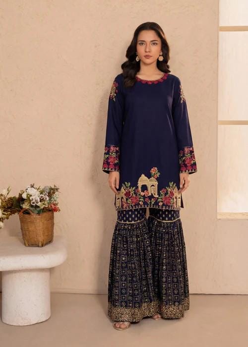 2 Piece Embroidered Linen Gharara Suit - Navy Blue