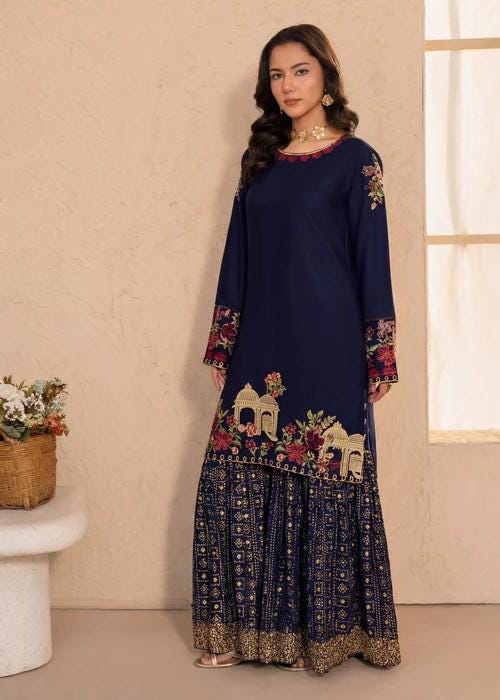 2 Piece Embroidered Linen Gharara Suit - Navy Blue