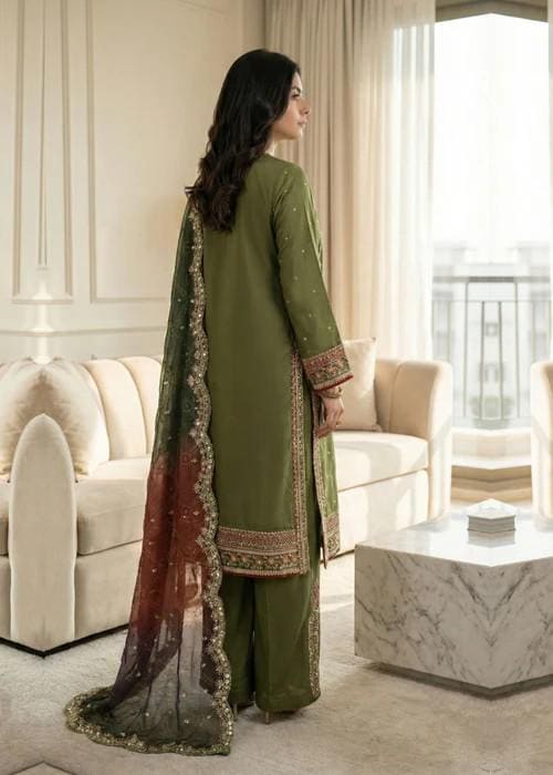 Embroidered Raw Silk Suit - Olive Green - Chiffon Dupatta