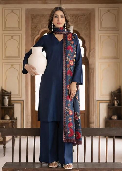 3 Piece Linen Kurta Set - Navy Blue - Herringbone Dupatta