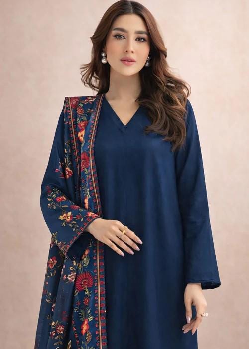 3 Piece Linen Kurta Set - Navy Blue - Herringbone Dupatta