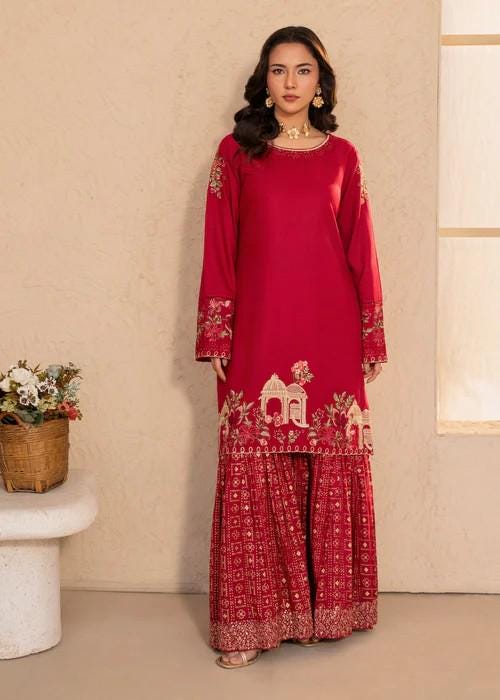 2 Piece Embroidered Linen Gharara Suit - Maroon