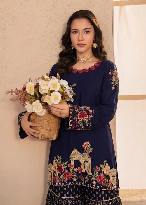 2 Piece Embroidered Linen Gharara Suit - Navy Blue