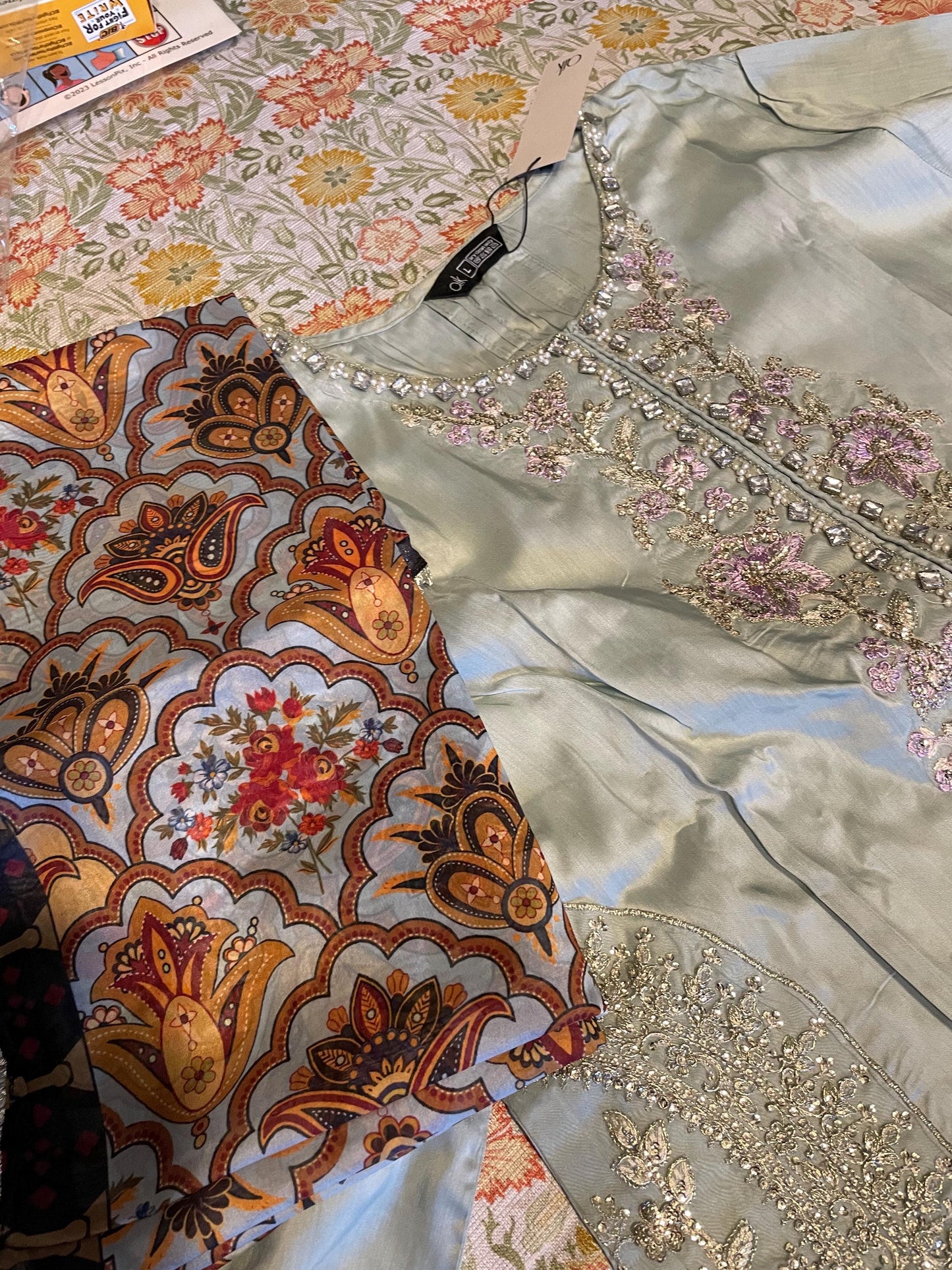 Embroidered Raw Silk Suit - Powder Blue - Printed Silk Dupatta