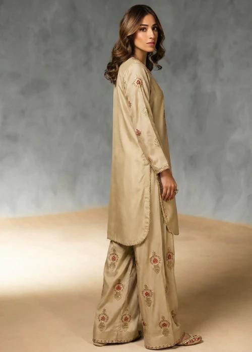Embroidered Silk Farshi Shalwar Suit with Organza Dupatta - 3 Piece - Tan Brown