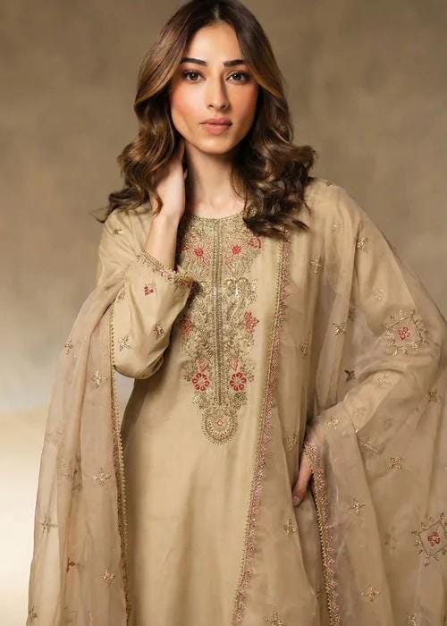 Embroidered Silk Farshi Shalwar Suit with Organza Dupatta - 3 Piece - Tan Brown