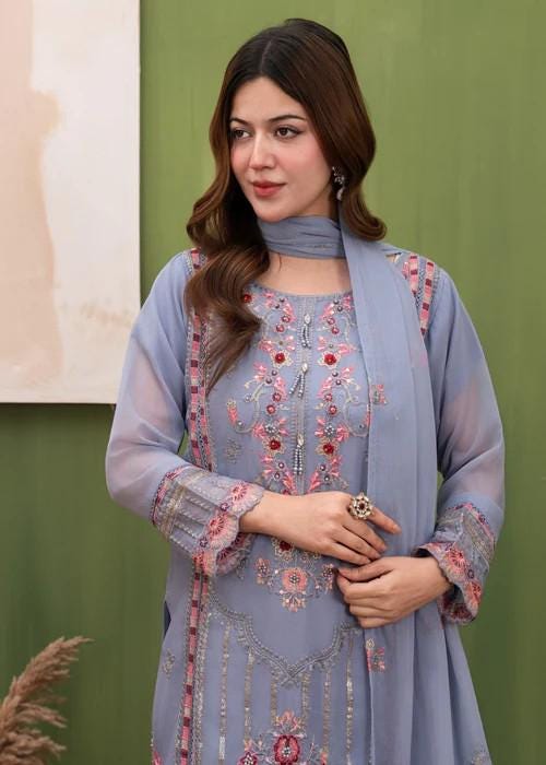 Embroidered Chiffon Designer Suit - 3 Piece - Bluebell
