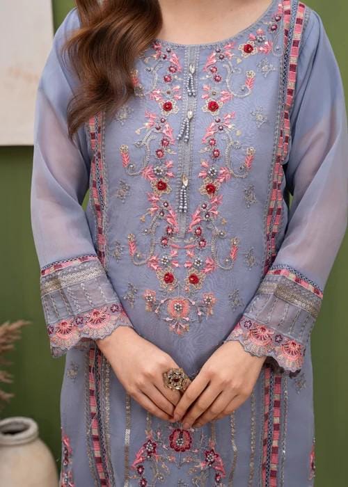Embroidered Chiffon Designer Suit - 3 Piece - Bluebell