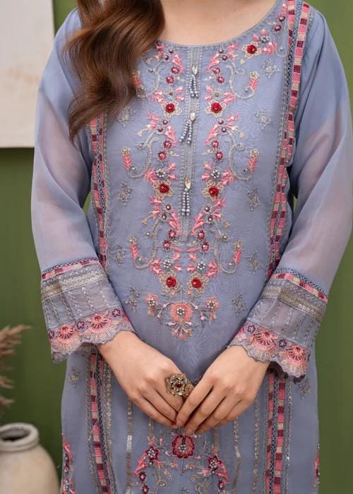 Embroidered Chiffon Designer Suit - 3 Piece - Bluebell