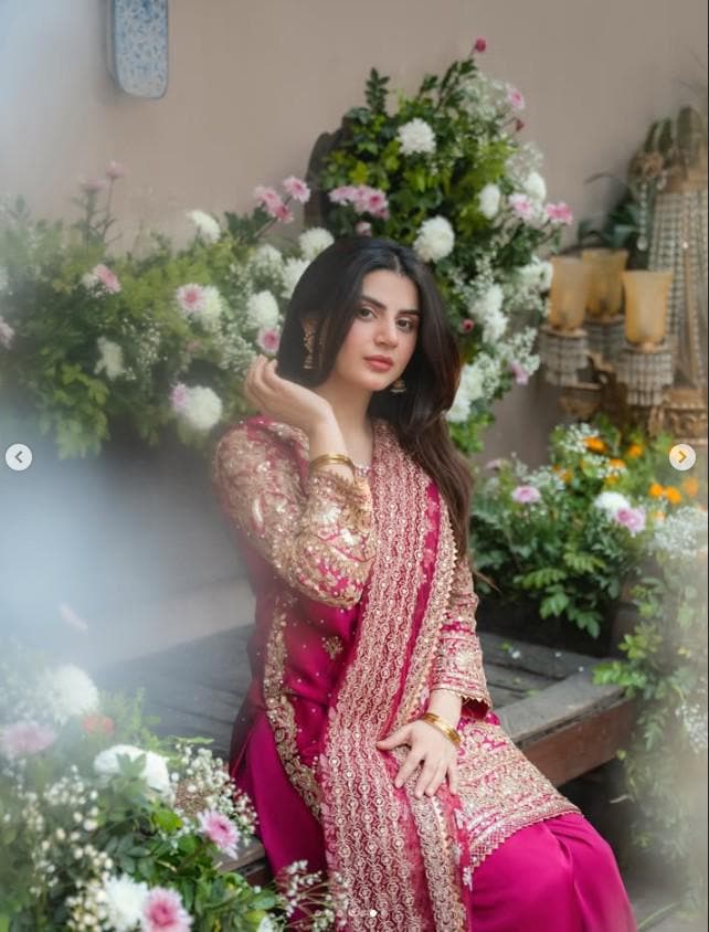 3 Piece Golden Embroidered Charmeuse Silk Suit - Raspberry Pink