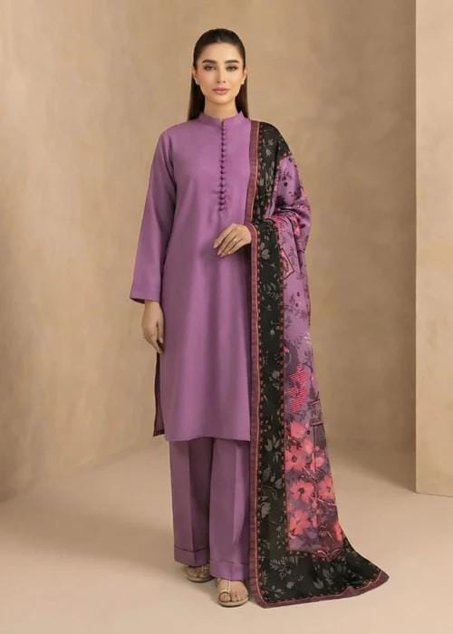 3 Piece Linen Kurta Set - Mauve - Herringbone Dupatta