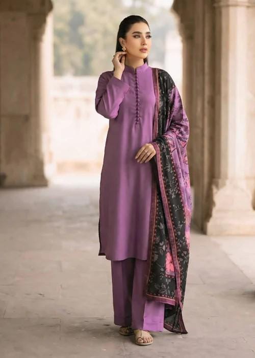 3 Piece Linen Kurta Set - Mauve - Herringbone Dupatta