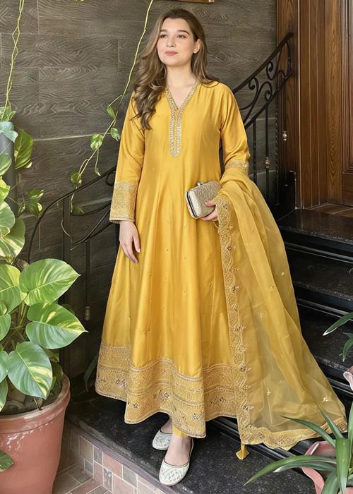 3 Piece Embroidered Silk Maxi Dress - Mustard