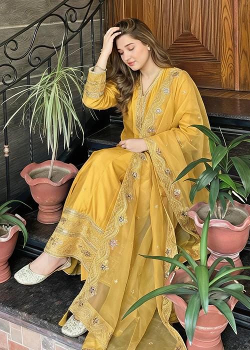 3 Piece Embroidered Silk Maxi Dress - Mustard