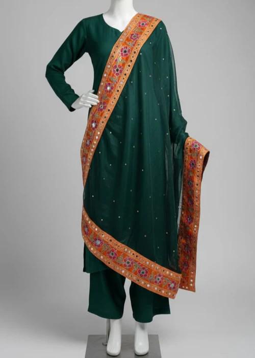 Embroidered Tissue Silk Dupatta with Mirror Work - Bottle Green