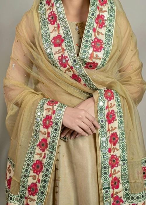 Tissue Silk Embellished Dupatta with Mirror Work - Beige