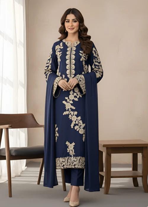 3 piece Embroidered Linen Suit Long Kurta with Chiffon Dupatta - Navy Blue