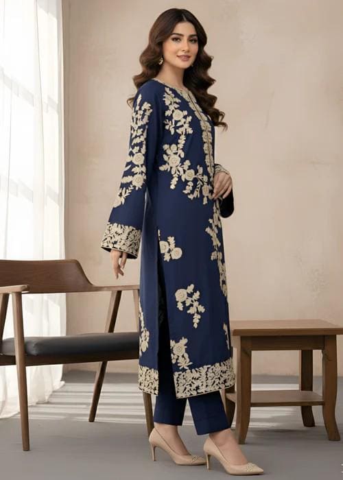 3 piece Embroidered Linen Suit Long Kurta with Chiffon Dupatta - Navy Blue