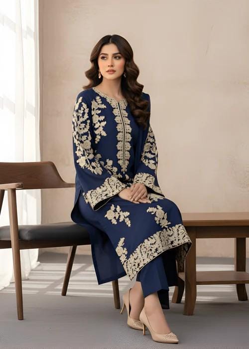3 piece Embroidered Linen Suit Long Kurta with Chiffon Dupatta - Navy Blue