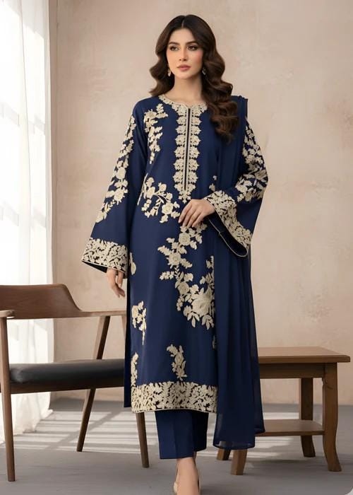 3 piece Embroidered Linen Suit Long Kurta with Chiffon Dupatta - Navy Blue