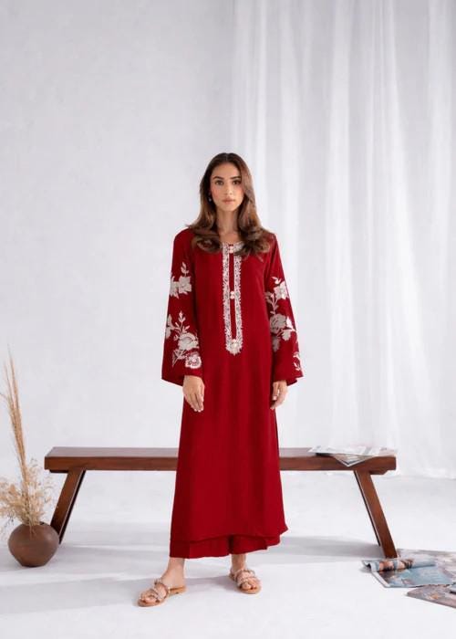Embroidered Lawn Long Kurta Suit - 2 Piece - Maroon