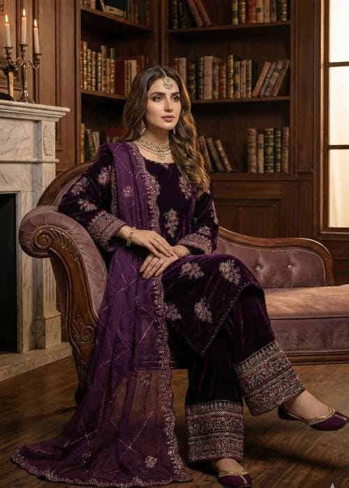 Embroidered Velvet Palazzo Suit - 3 Piece - Organza Dupatta
