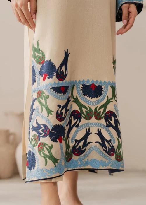 Embroidered Linen Suit with Chiffon Dupatta - 3 Piece Cream Color