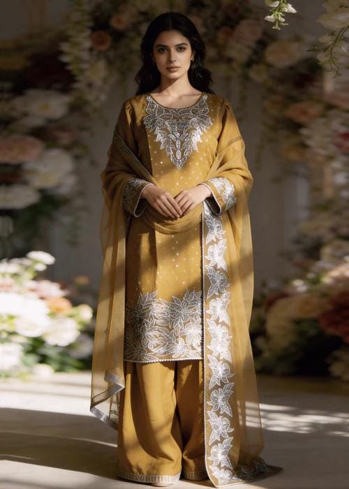 Embroidered Chiffon Palazzo Set - 3 Piece - Mustard Brown - Stone Work
