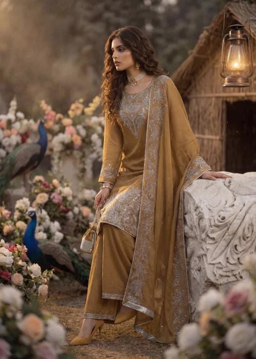 Embroidered Chiffon Palazzo Set - 3 Piece - Mustard Brown - Stone Work