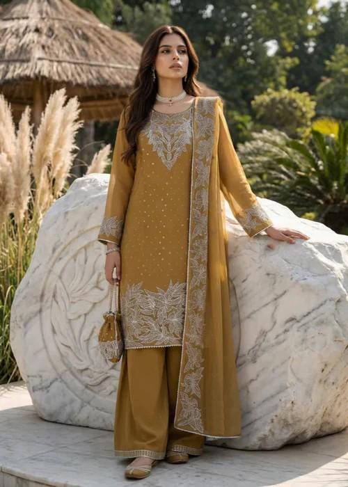Embroidered Chiffon Palazzo Set - 3 Piece - Mustard Brown - Stone Work