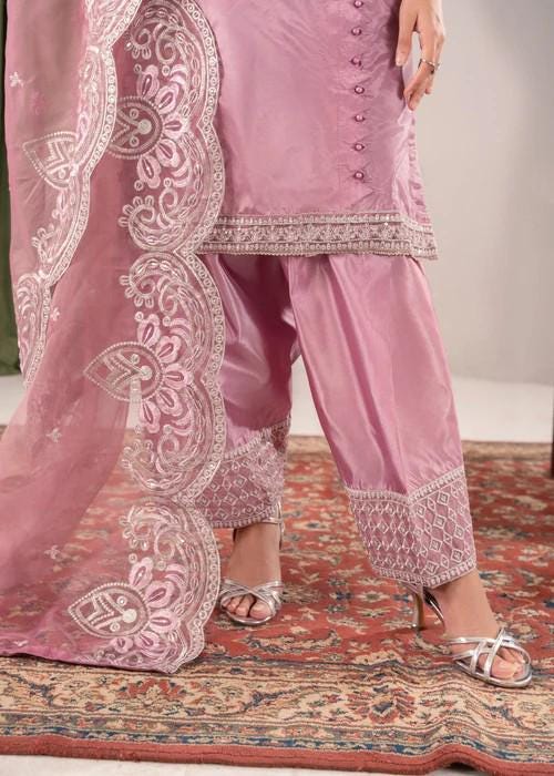 Kattan Silk Farshi Shalwar Suit - Pink - 3 Piece