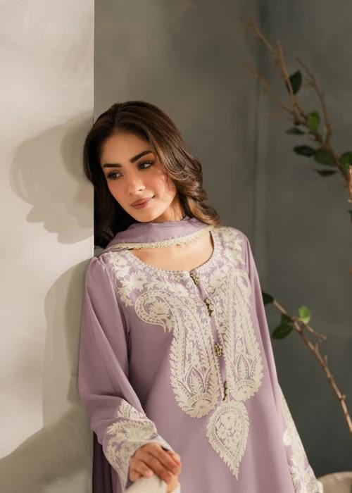 3 Piece Embroidered Linen Long Kurta and Pants Suit - Lilac