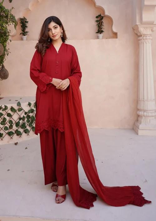 Raw Silk Farshi Shalwar Suit - Red - 3 Piece