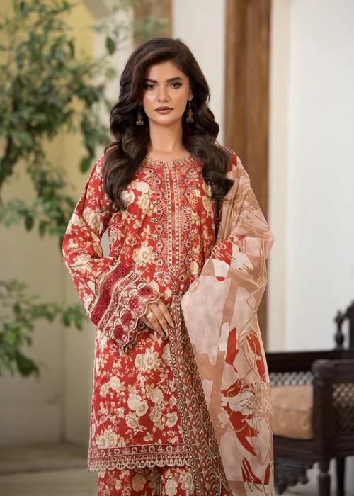3 Piece Floral Embroidered Lawn Suit - Rust Color